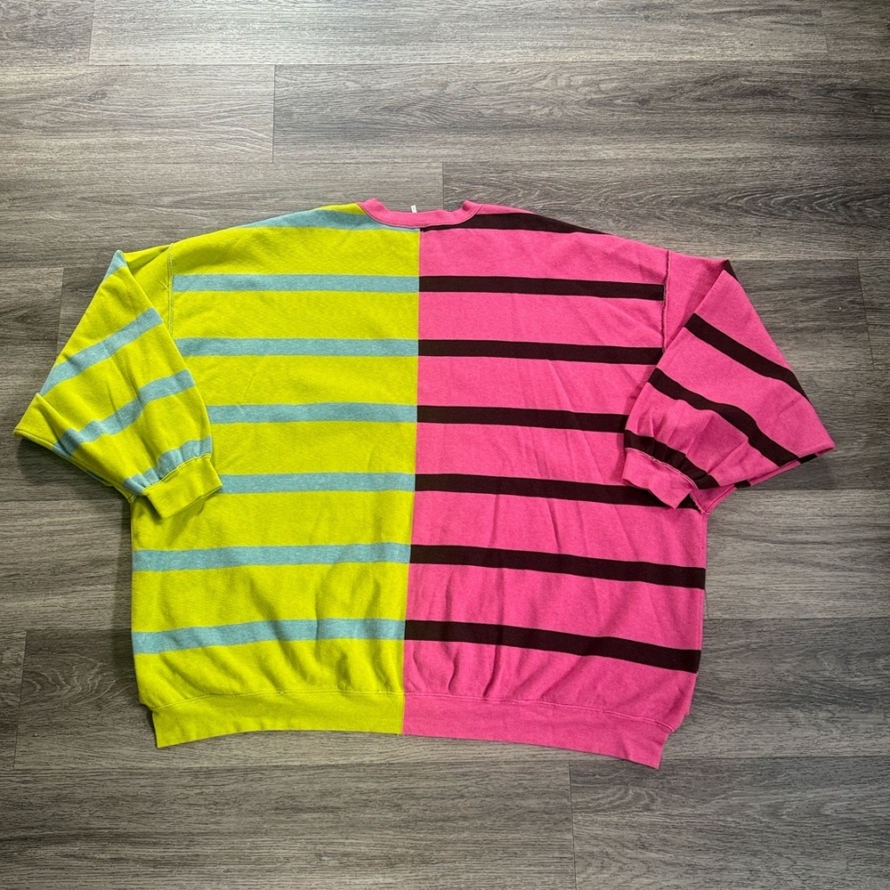 Free People Pink and Yellow Striped Sweater Large Oversized Color block Crewneck - Picture 4 of 7